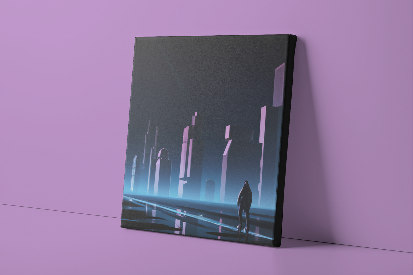 Einsamer Mann und Stadt Skyline bei Nacht Leinwand Wandkunst, Sci-Fi-Leinwanddruck, futuristische dystopische Wanddekoration, Cyberpunk-Leinwandkunst