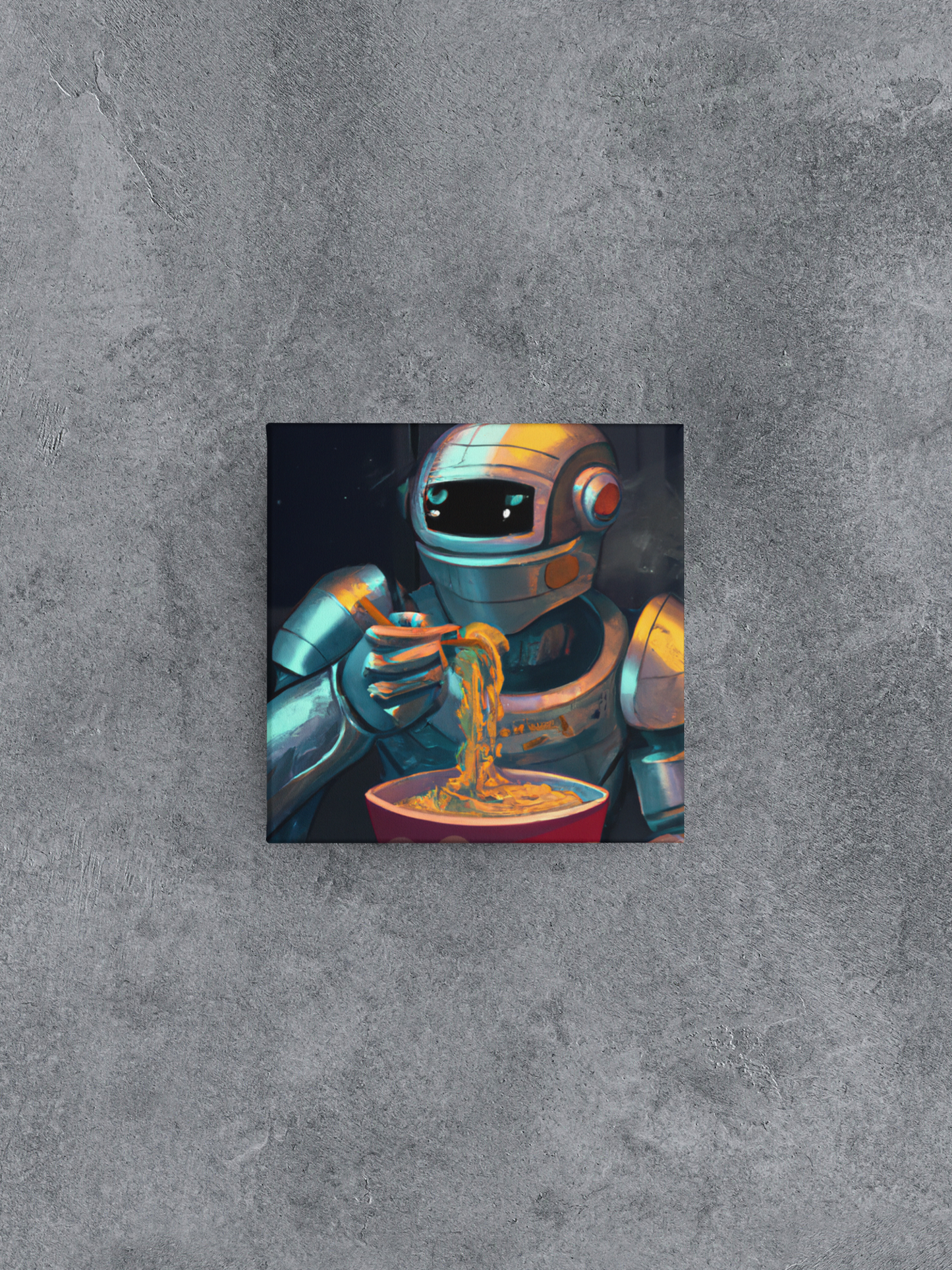 Robot with Ramen Bowl Canvas Wall Art, Sci-Fi Stretched Canvas Print, Futuristic Wall Decor, Robot Canvas, Ramen Canvas, Food Canvas Art