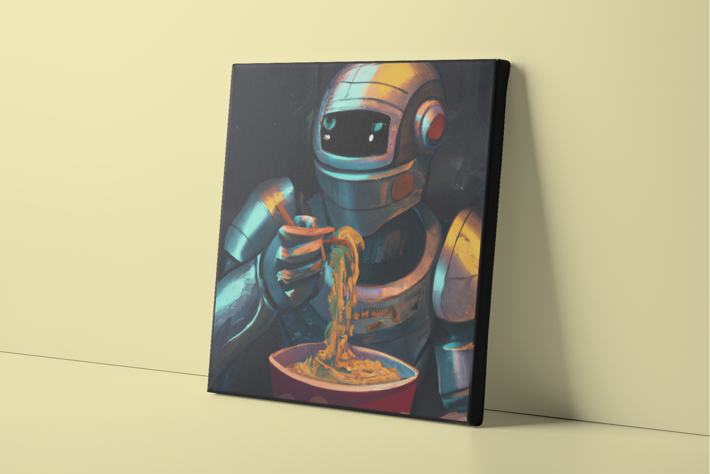 Robot with Ramen Bowl Canvas Wall Art, Sci-Fi Stretched Canvas Print, Futuristic Wall Decor, Robot Canvas, Ramen Canvas, Food Canvas Art